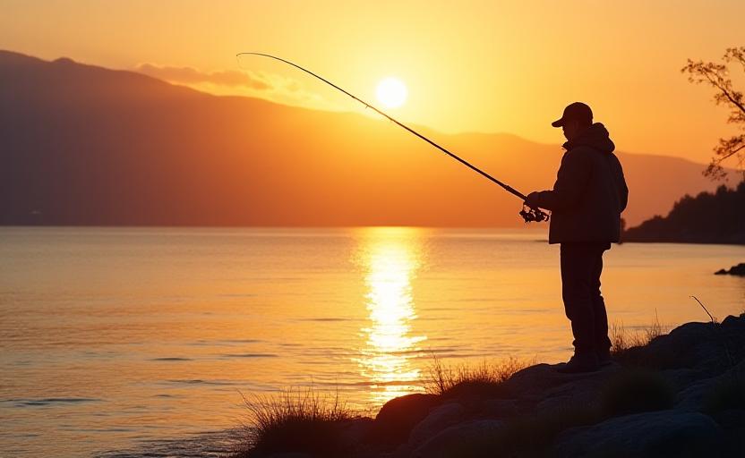 Fisker med stang ved Oslofjorden ved solnedgang